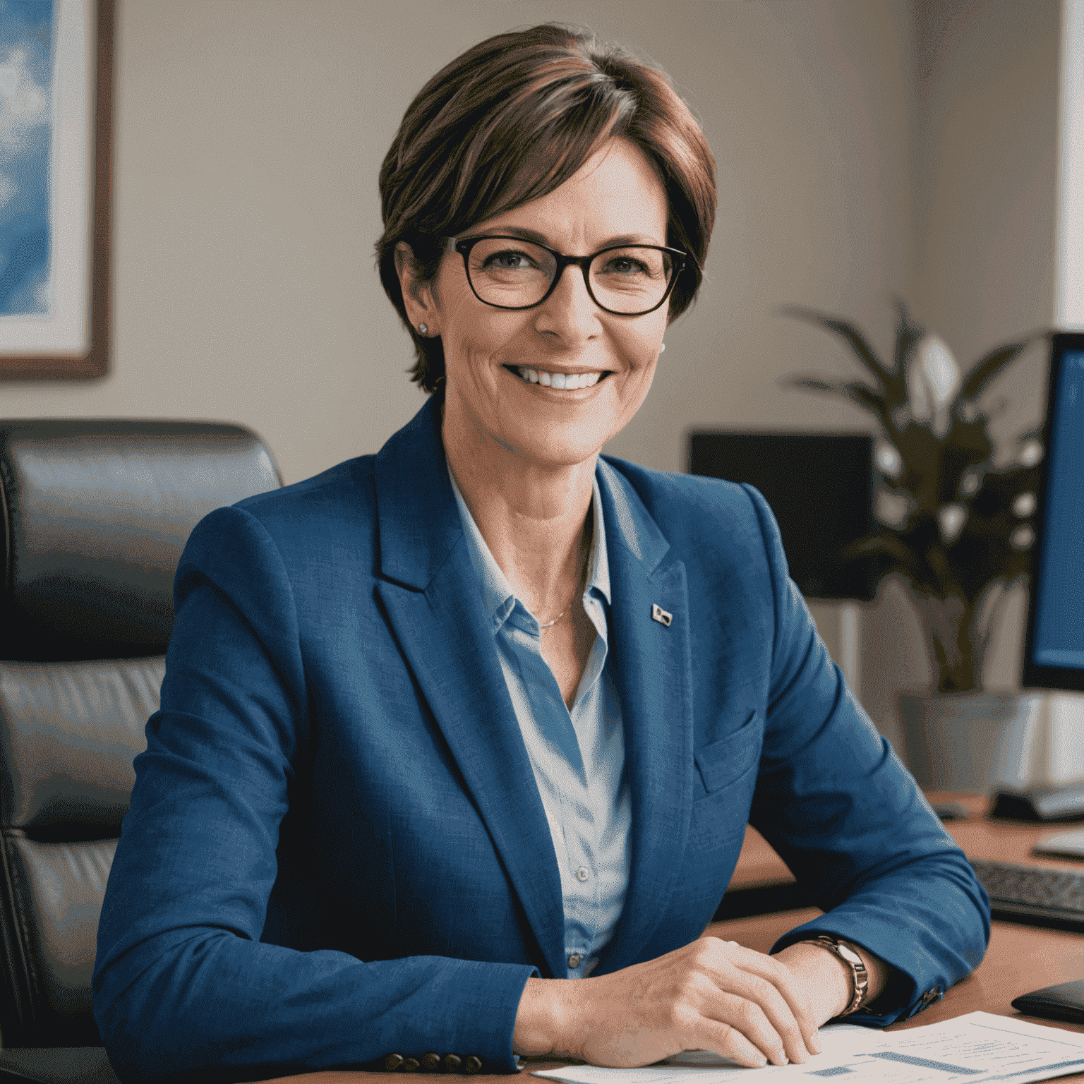 Portrait of Jane Smith, a woman in her 40s with short brown hair and glasses, smiling warmly at the camera. She is wearing a professional blue blazer and is seated at a desk with a computer.