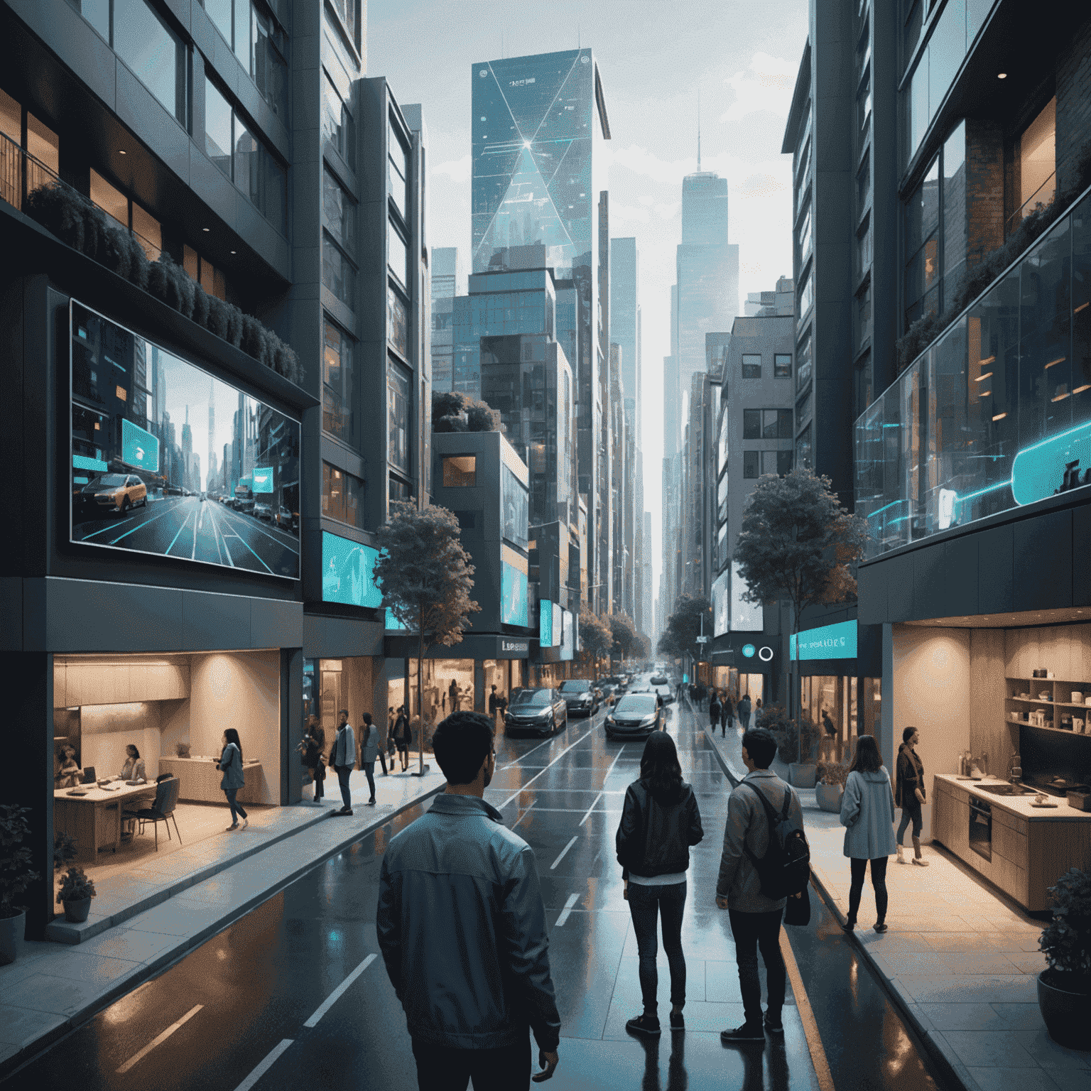 A futuristic cityscape with holographic AI interfaces integrated into daily life scenes, showing people interacting with AI assistants in homes, streets, and workplaces