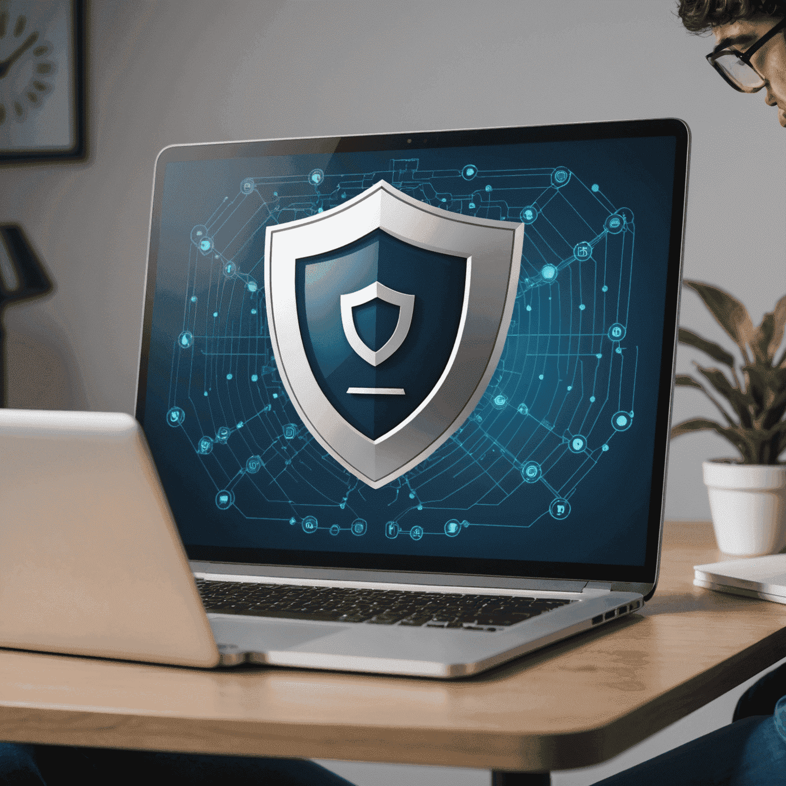 A person using a laptop with a shield icon overlaid, representing cybersecurity protection for everyday users