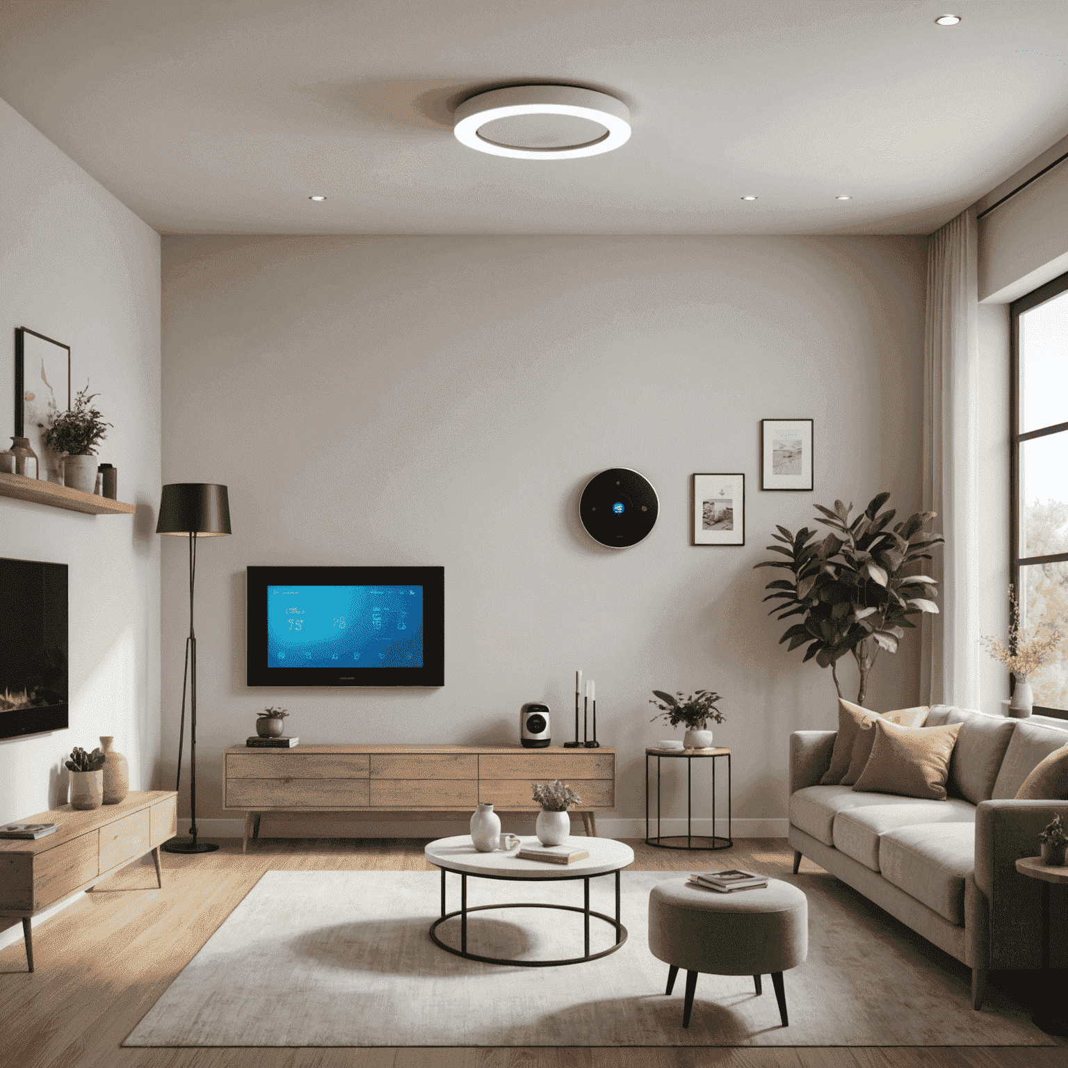 A modern living room showcasing various smart home devices such as a smart thermostat, voice-controlled lights, and a security camera