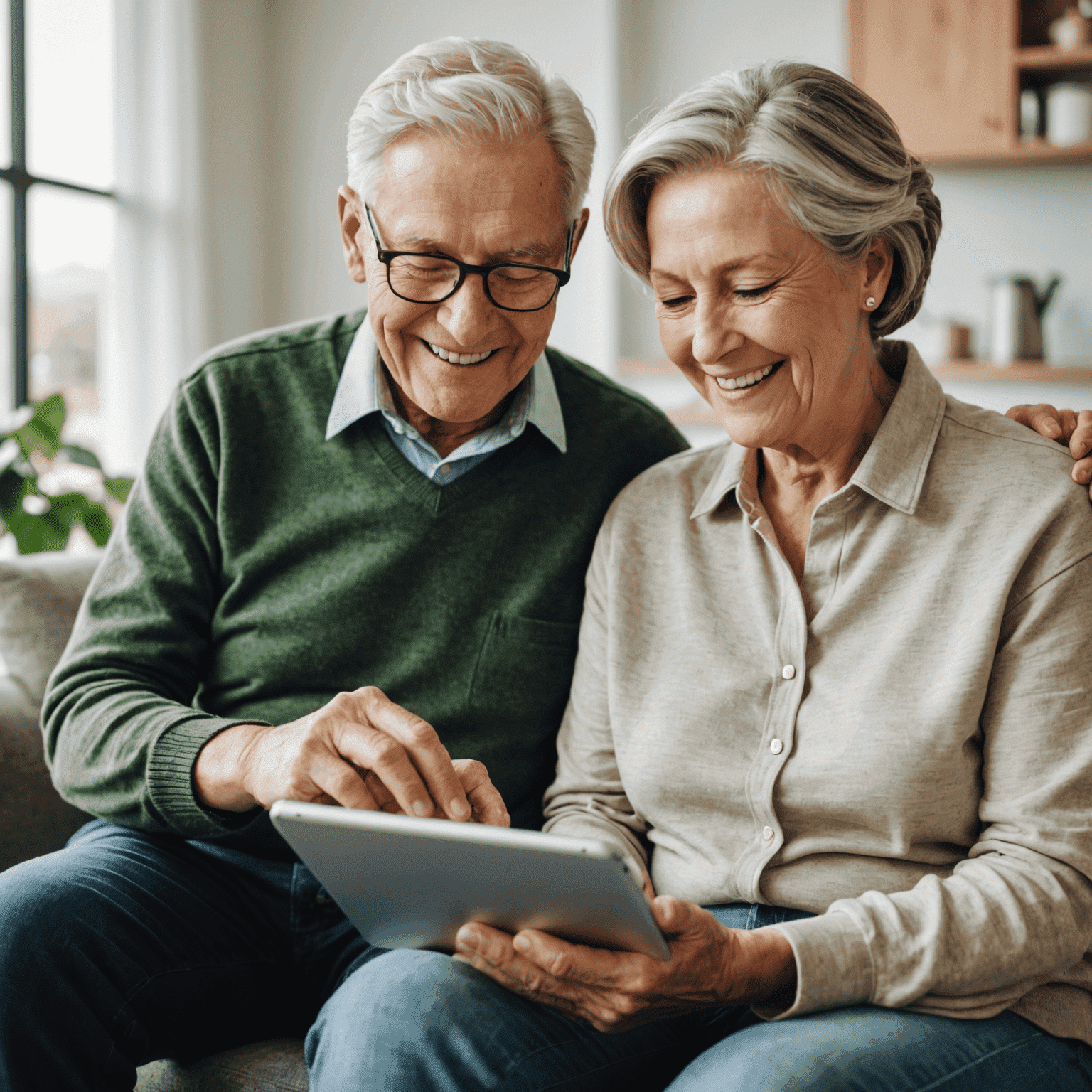 Senior couple smiling while using a tablet computer together, demonstrating digital literacy