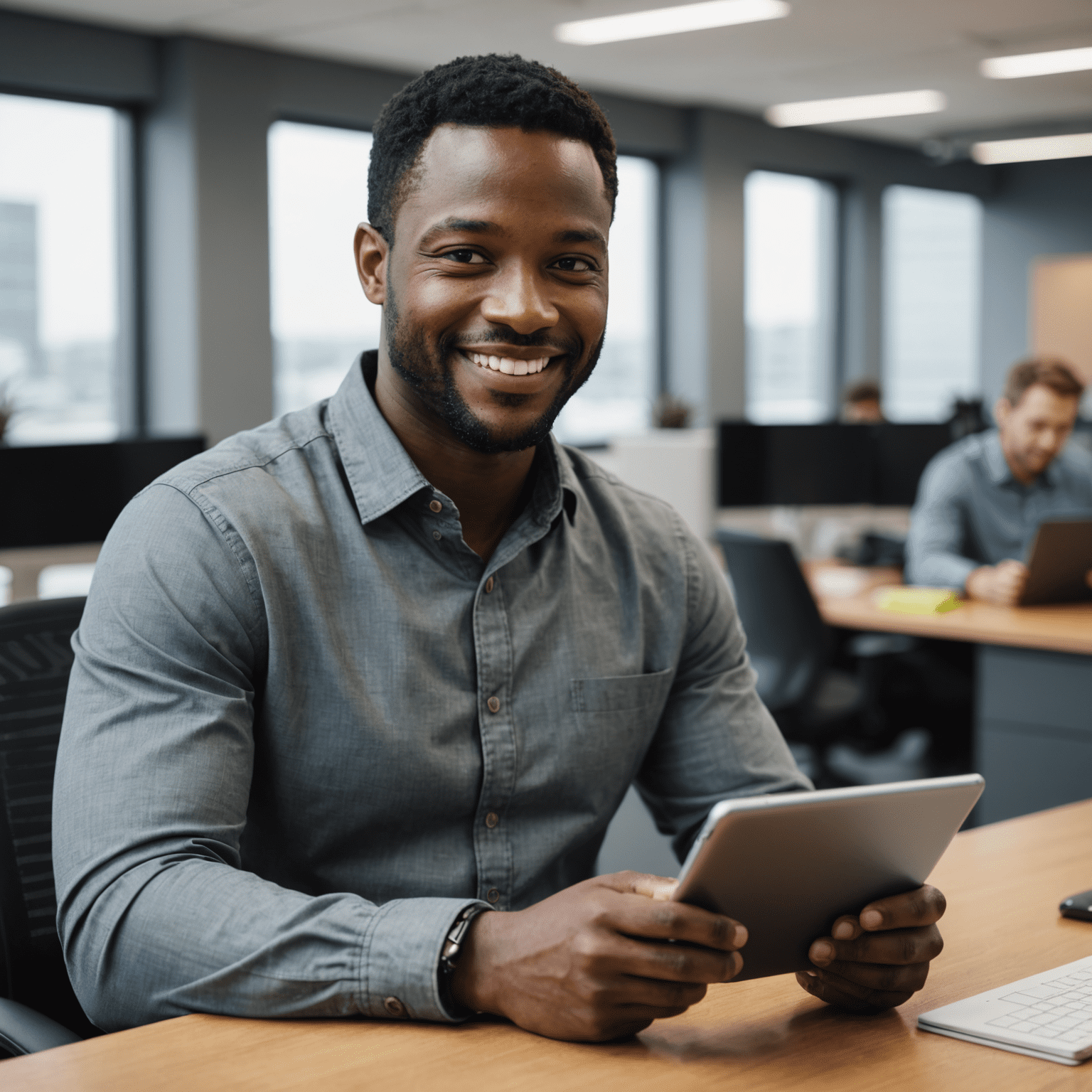 Portrait of Mark Johnson, a man in his 30s with dark skin and a friendly smile. He is wearing a casual grey shirt and is shown working on a tablet device in an office setting.