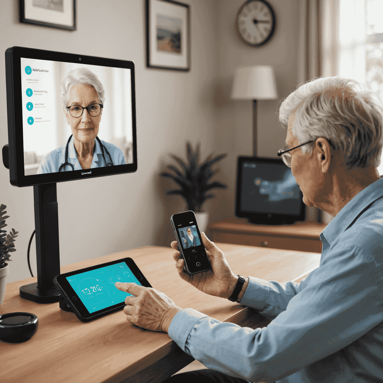 An elderly person using a simple, AI-powered health monitoring device at home, with a caring healthcare professional visible on a screen providing remote assistance