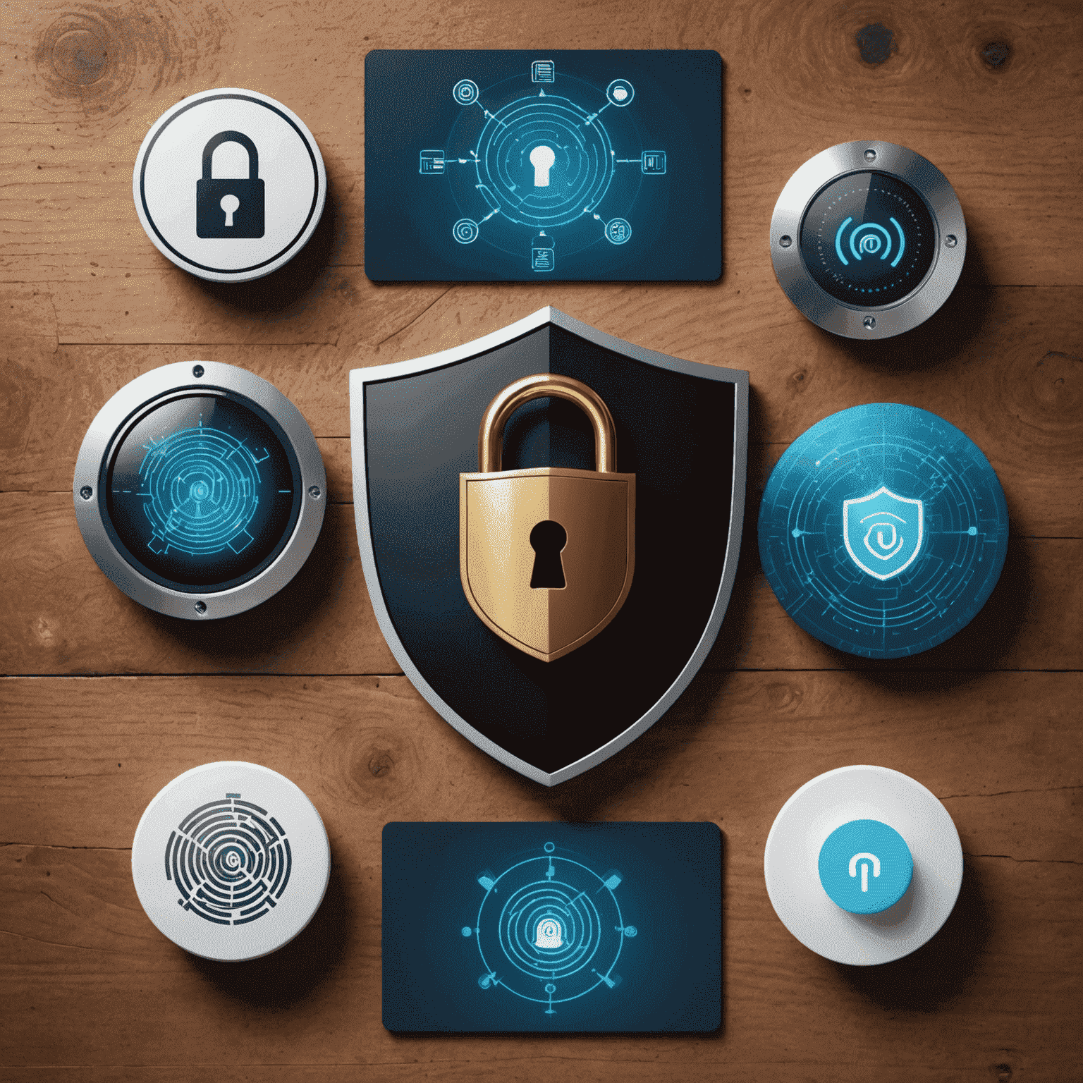 A collage showing various cybersecurity concepts: a lock, a shield, a fingerprint, and a secure Wi-Fi symbol