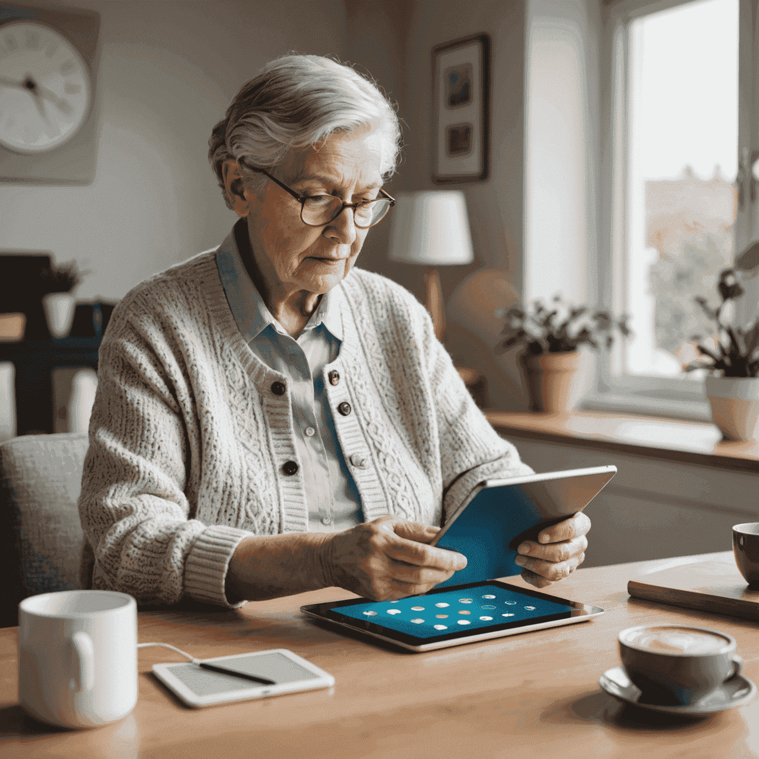 An elderly person using a tablet to control various smart home devices, demonstrating the accessibility and simplicity of modern smart home technology