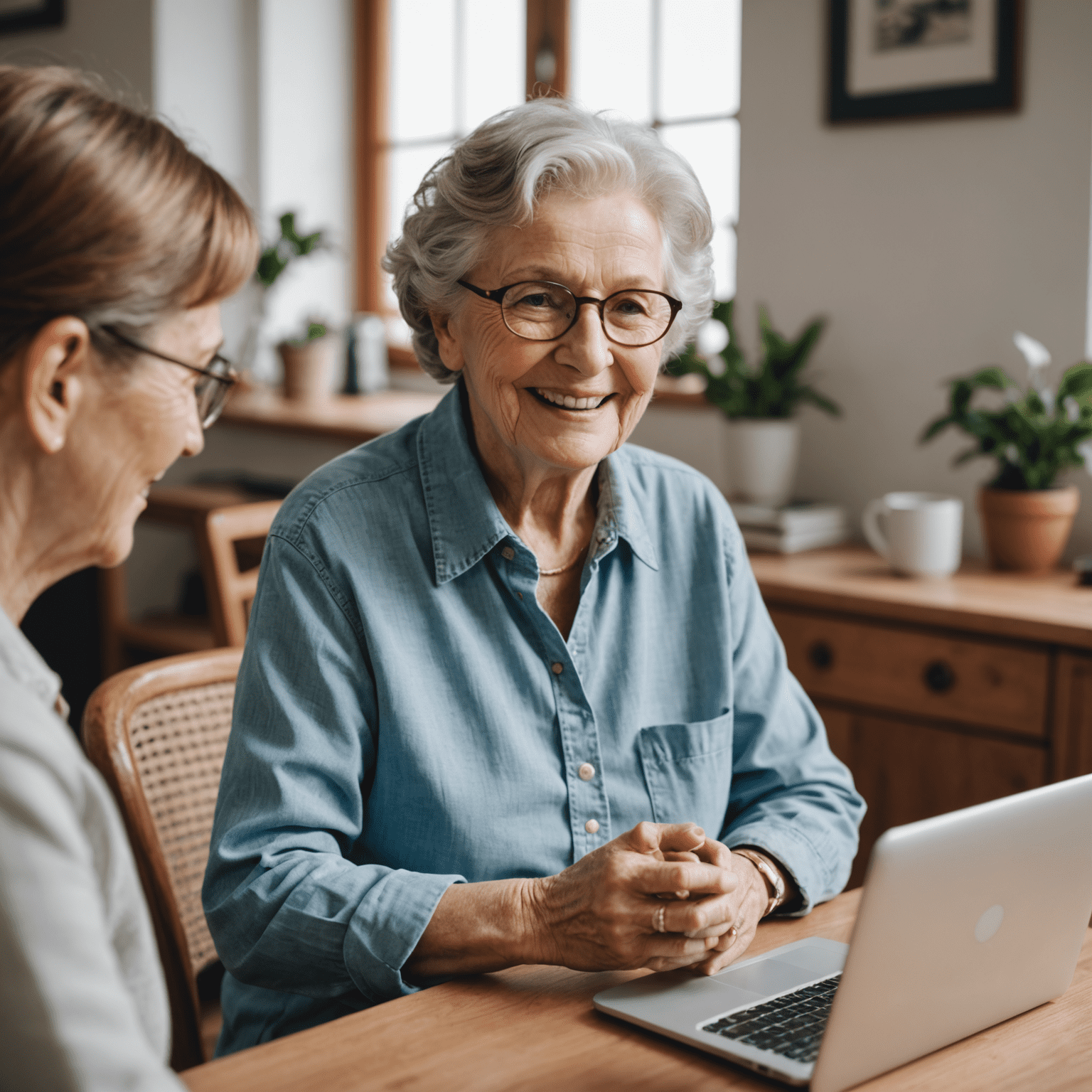 Elderly person video calling with family members, smiling and engaging in conversation